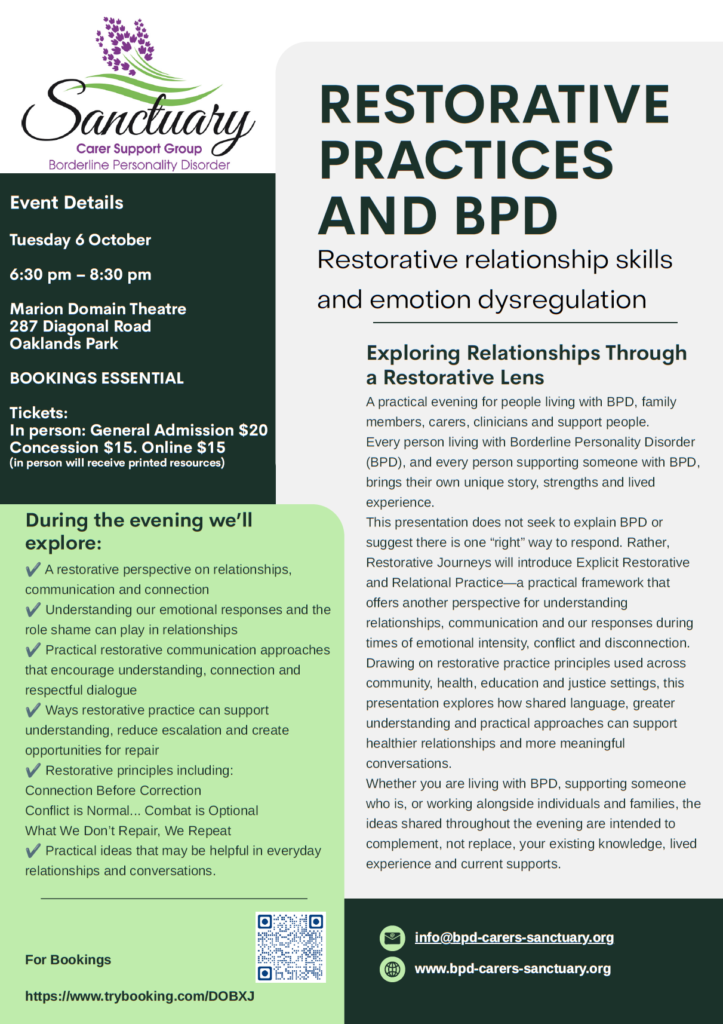 Page 1 of a flyer about Restorative Practices and BPD
